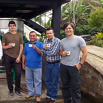 James recently visited a Colombian coffee plantation to conduct some exciting research. Here he is with some of the workers. And a cuppa, of course. 