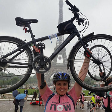 Emily at the end of the London to Paris Bike Ride