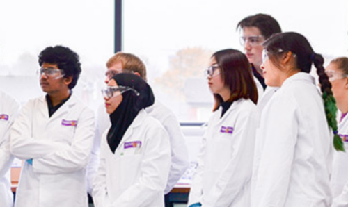 Chemistry students in lab coats and goggles