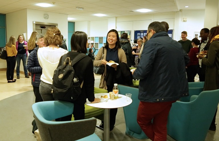 Celebrating women in engineering event - attendees chatting in George Begg building foyer