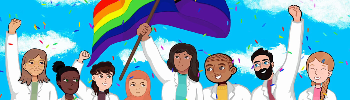 Animated drawing of scientists and a rainbow flag
