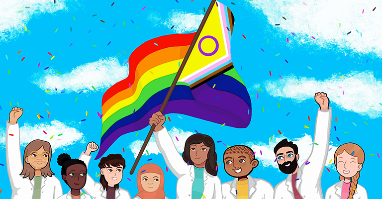 Drawing of scientists with a Pride flag