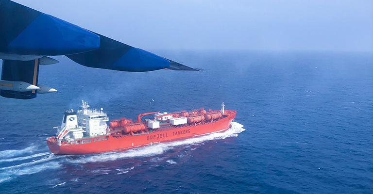 A sea tanker pictured from an aircraft above