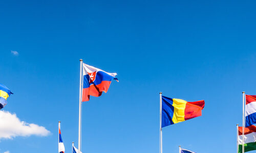 Flags of various nations flying outside CERN